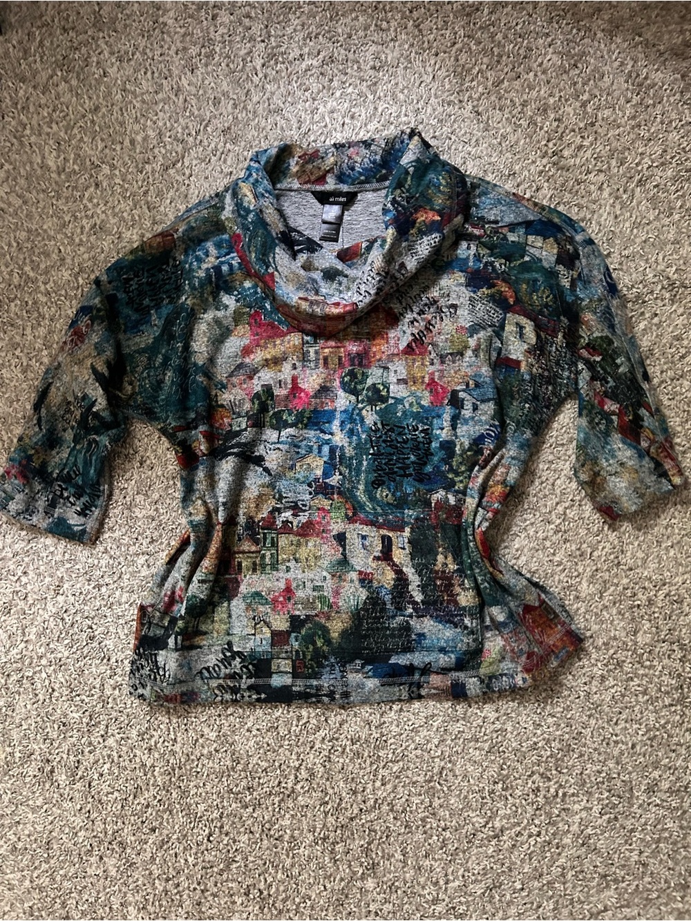 Ali Miles 3/4 Sleeve Cowl Neck Tunic Sweater Top AOP Village Quotes Print Large